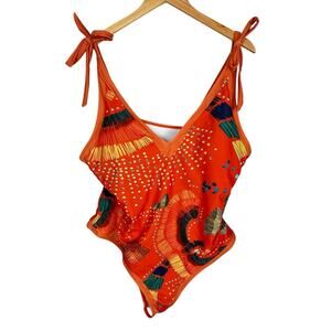 Shein Vibrant Floral Orange One Piece Women’s Swimsuit Tie Straps Size 3XL